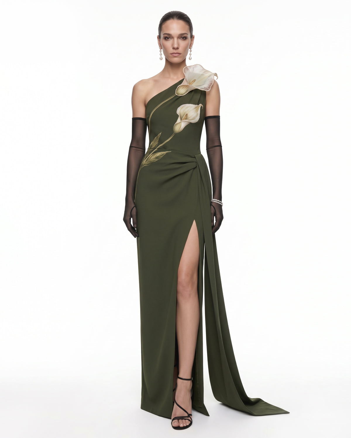 3D Floral One-Shoulder Draped Slit Maxi Dress - Olive Green