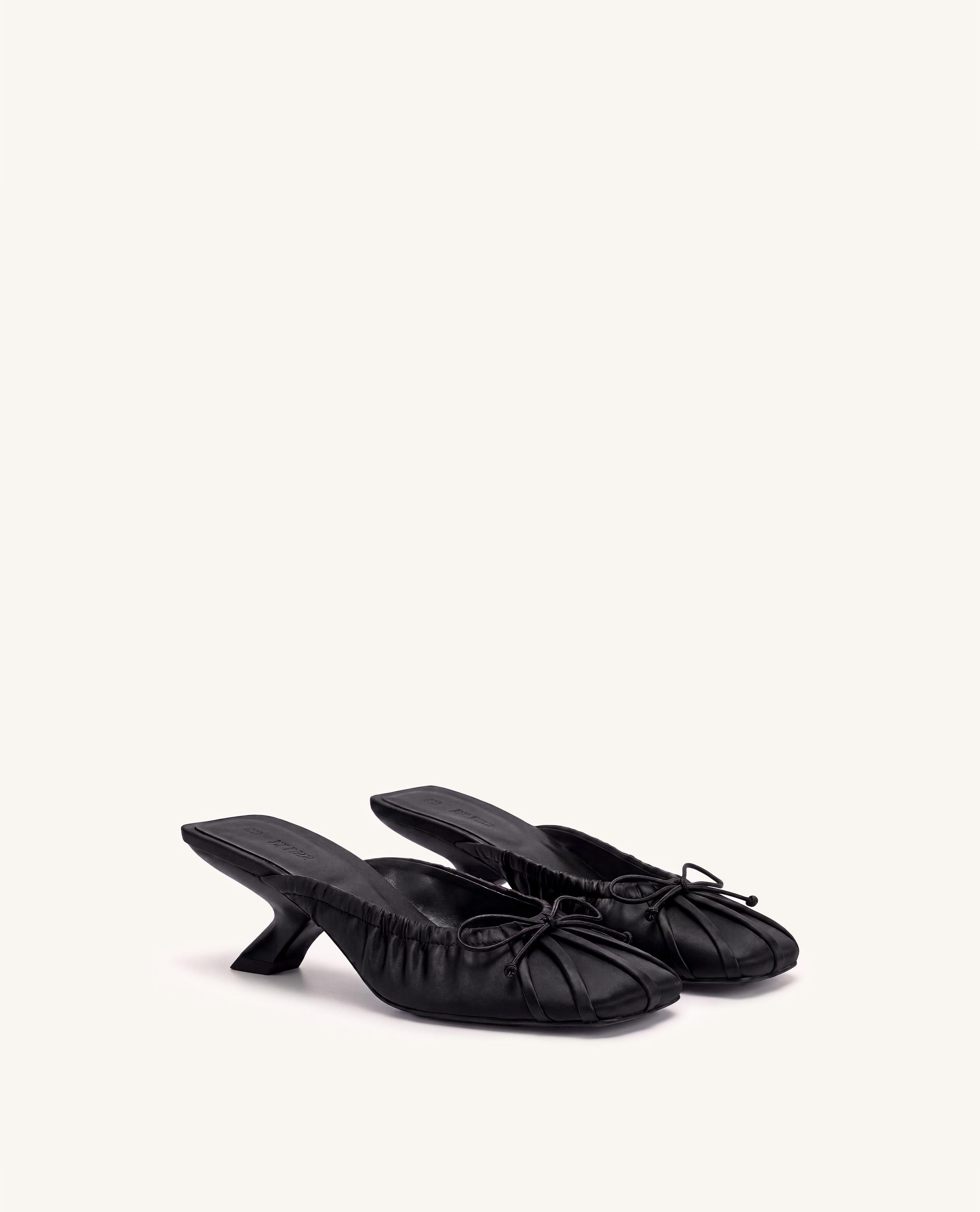 Solenne Satin Bow Ruched Mules - Black