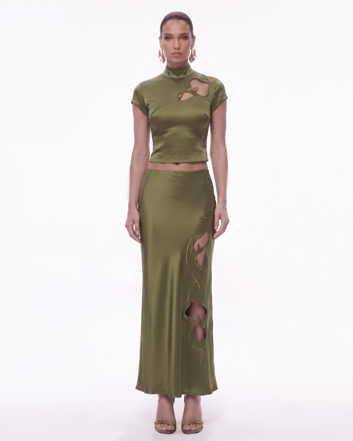 Floral Cutout Satin Top - Olive Green
