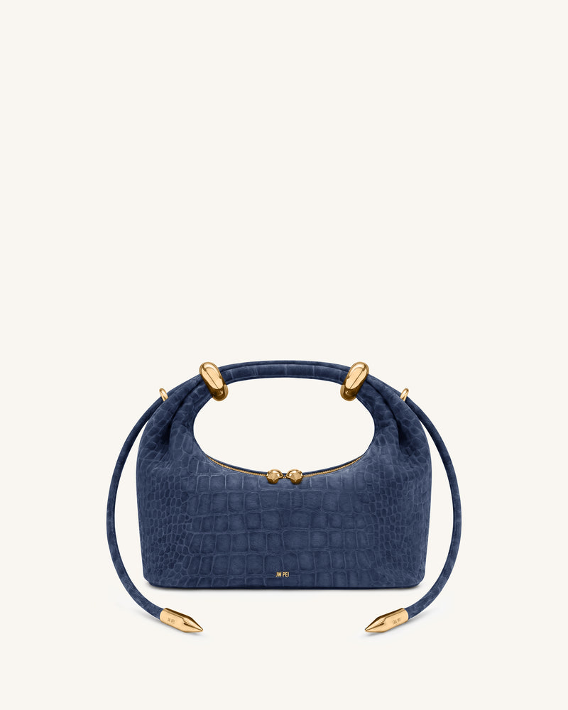 Ellie Faux Suede Metal Ring Embellished Top Handle Bag - Navy Croc