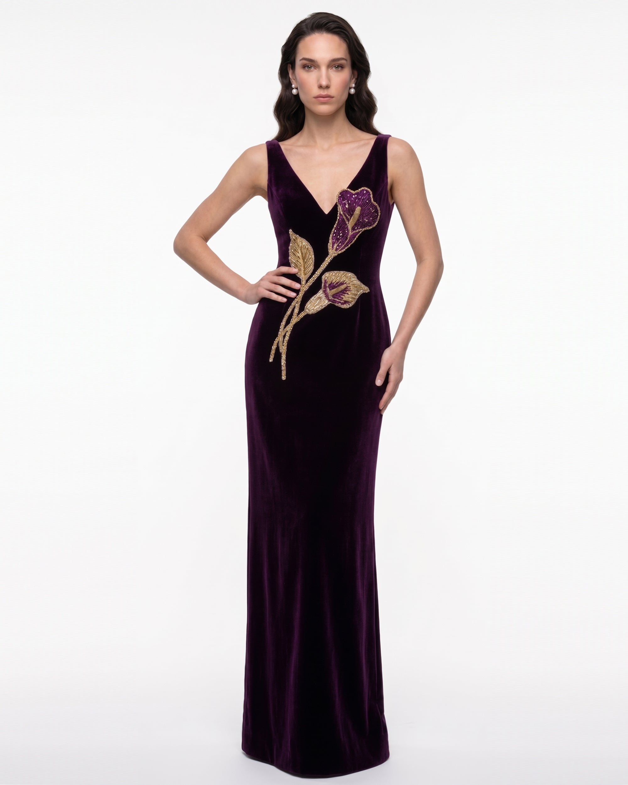 Calla Lily Embellished Velvet Column Maxi Dress - Purple