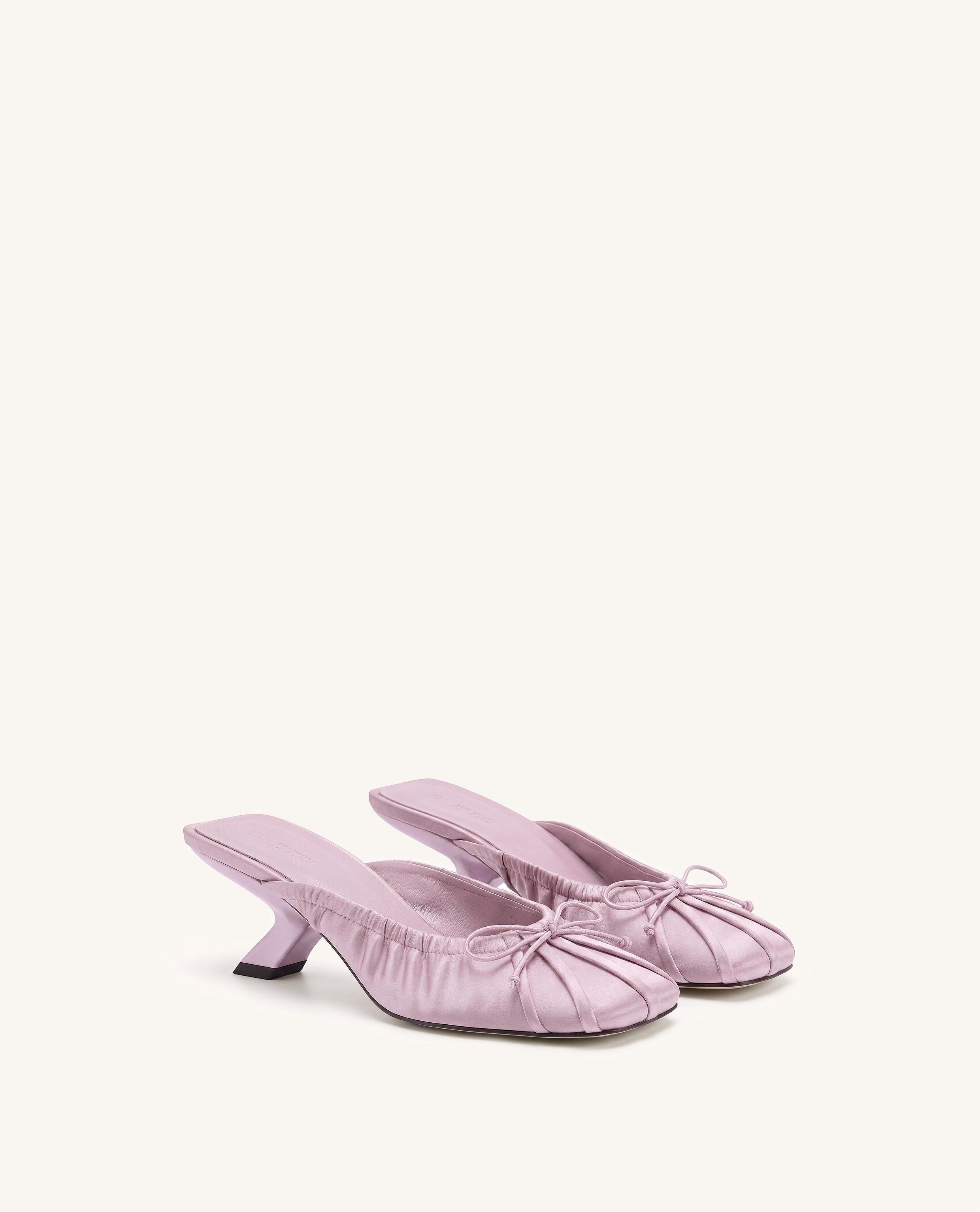 Solenne Satin Bow Ruched Mules - Lavender