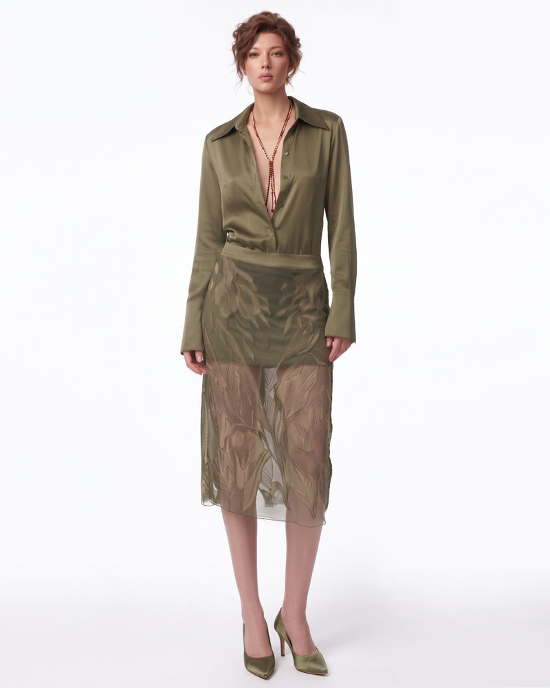Floral Sheer-Panel Shirt Dress - Olive