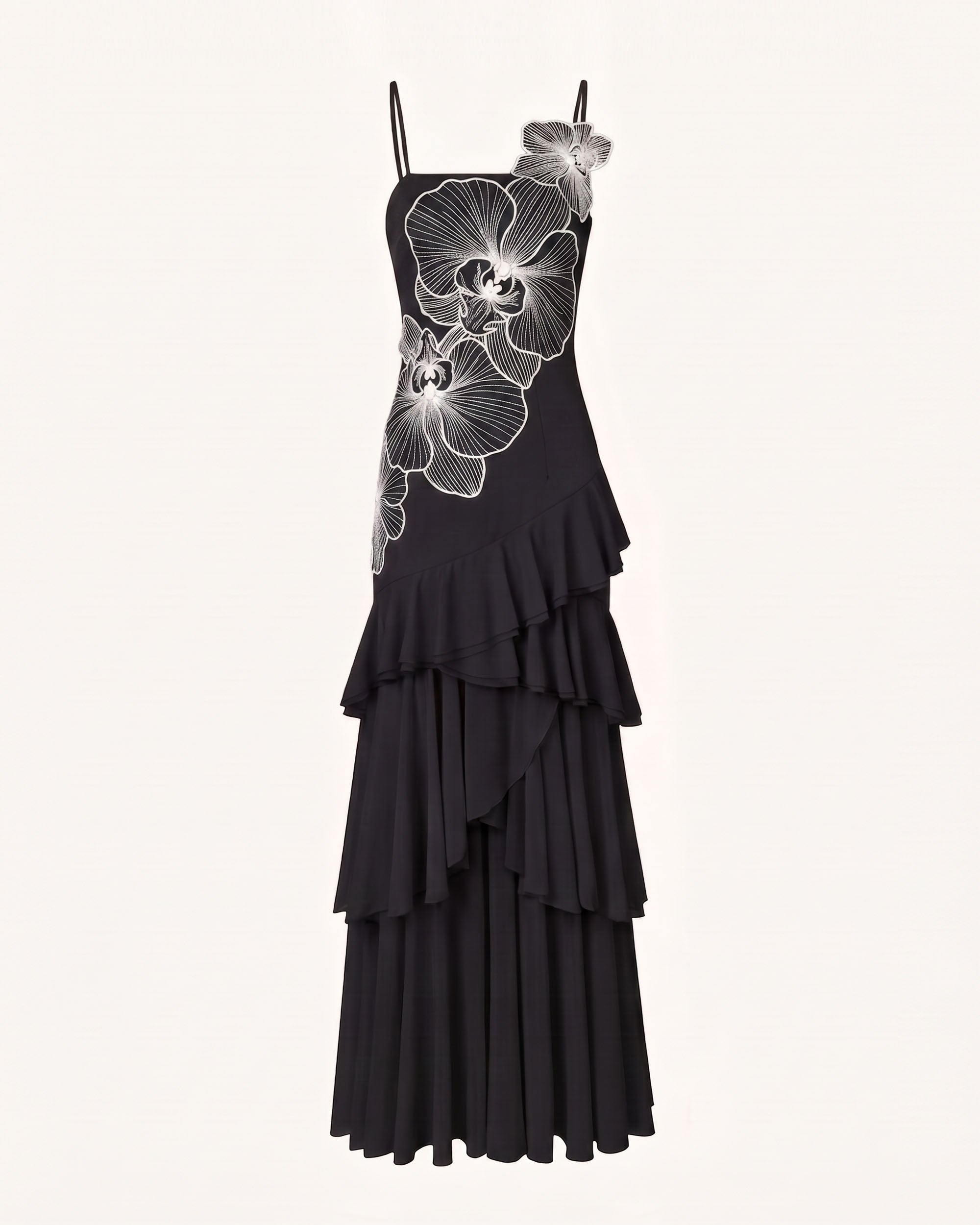 Orchid Embroidered Ruffled One-Shoulder Maxi Dress - Black & White