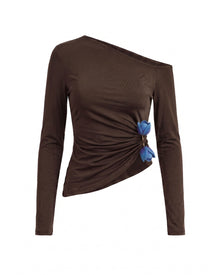 3D Embroidered Tulip Off-Shoulder Ruched Top - Brown