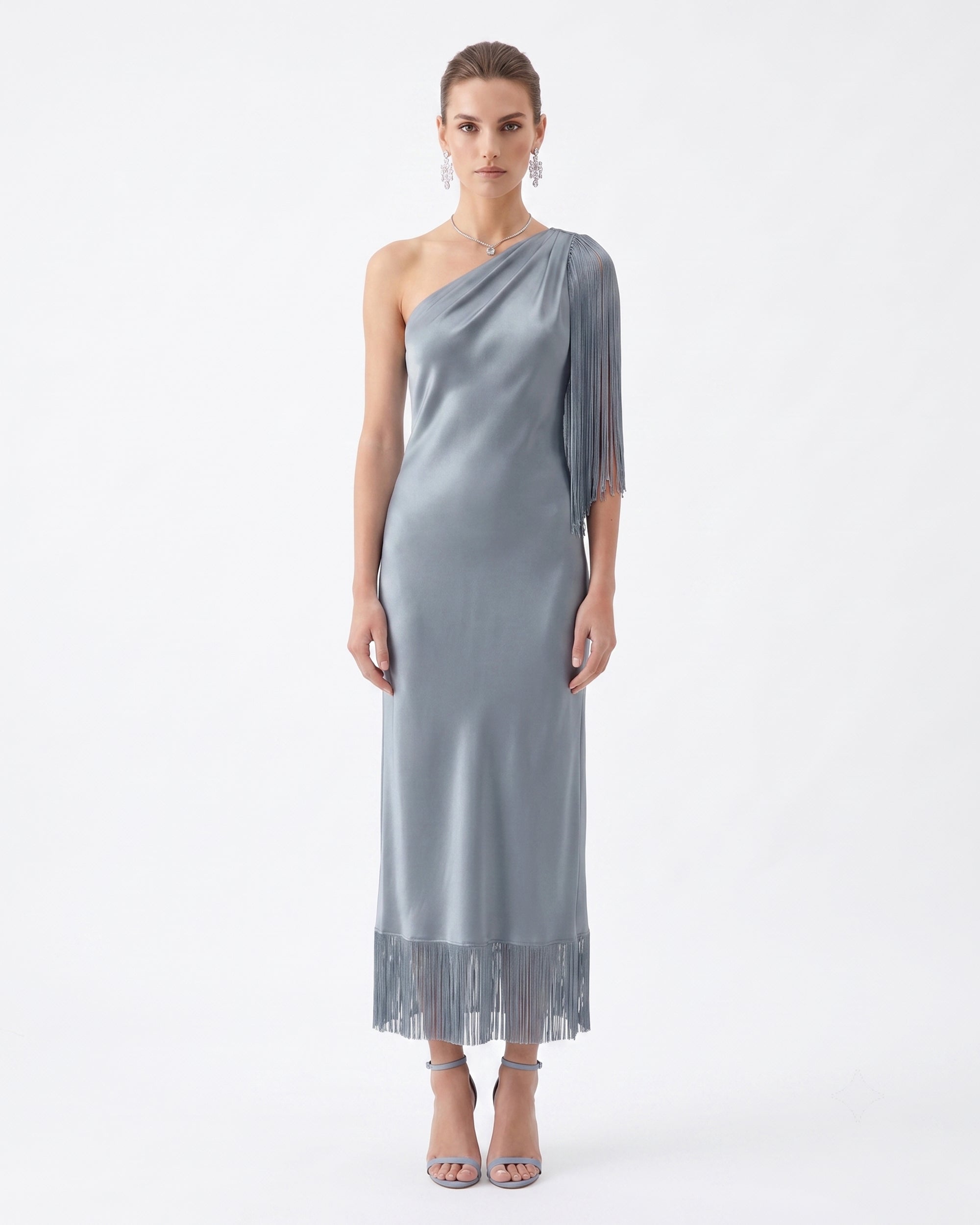 One Shoulder Fringe Midi Dress - Slate Blue