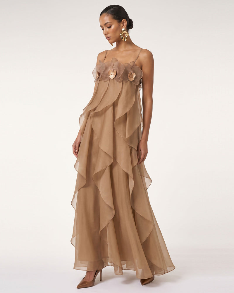 Orchid Embroidered Organza Maxi Dress - Light Brown