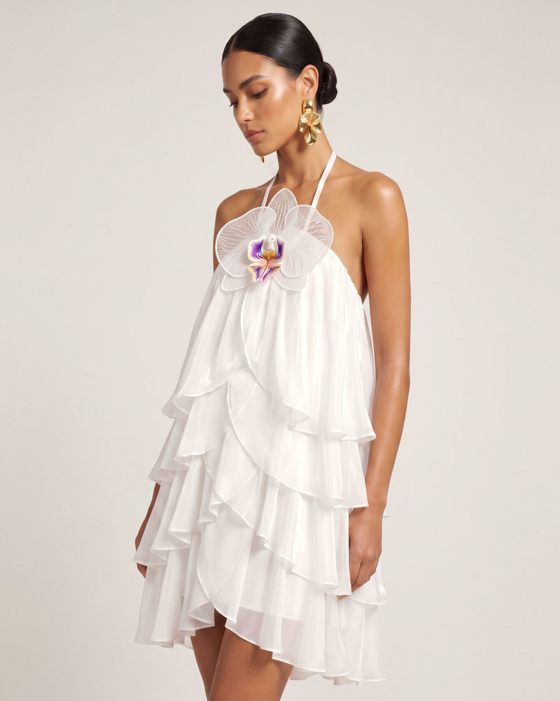 Orchid Embroidered Tiered Halter Mini Dress - White