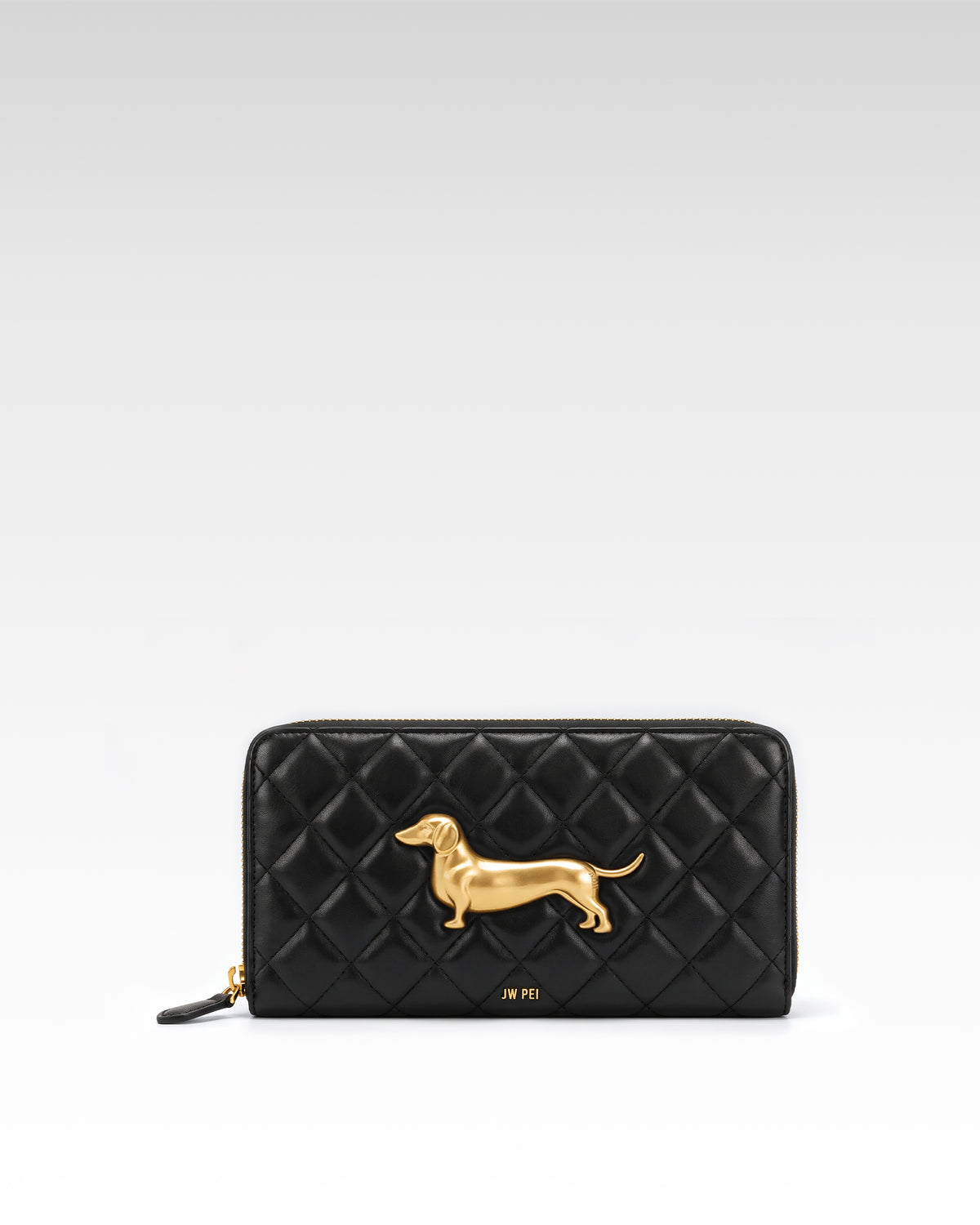 Maeve Quilted Dachshund Metal Emblem Zip Around Wallet - Black