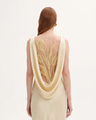 Tulip Appliqué Cowl-Back Satin Column Maxi Dress - Creamy Beige