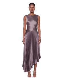 Satin Cowl-Back Pleated Asymmetric Midi Dress - Mauve