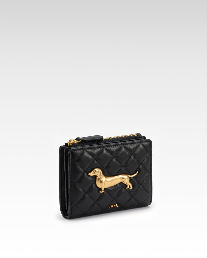 Maeve Quilted Dachshund Metal Emblem Double Compartment Wallet - Black
