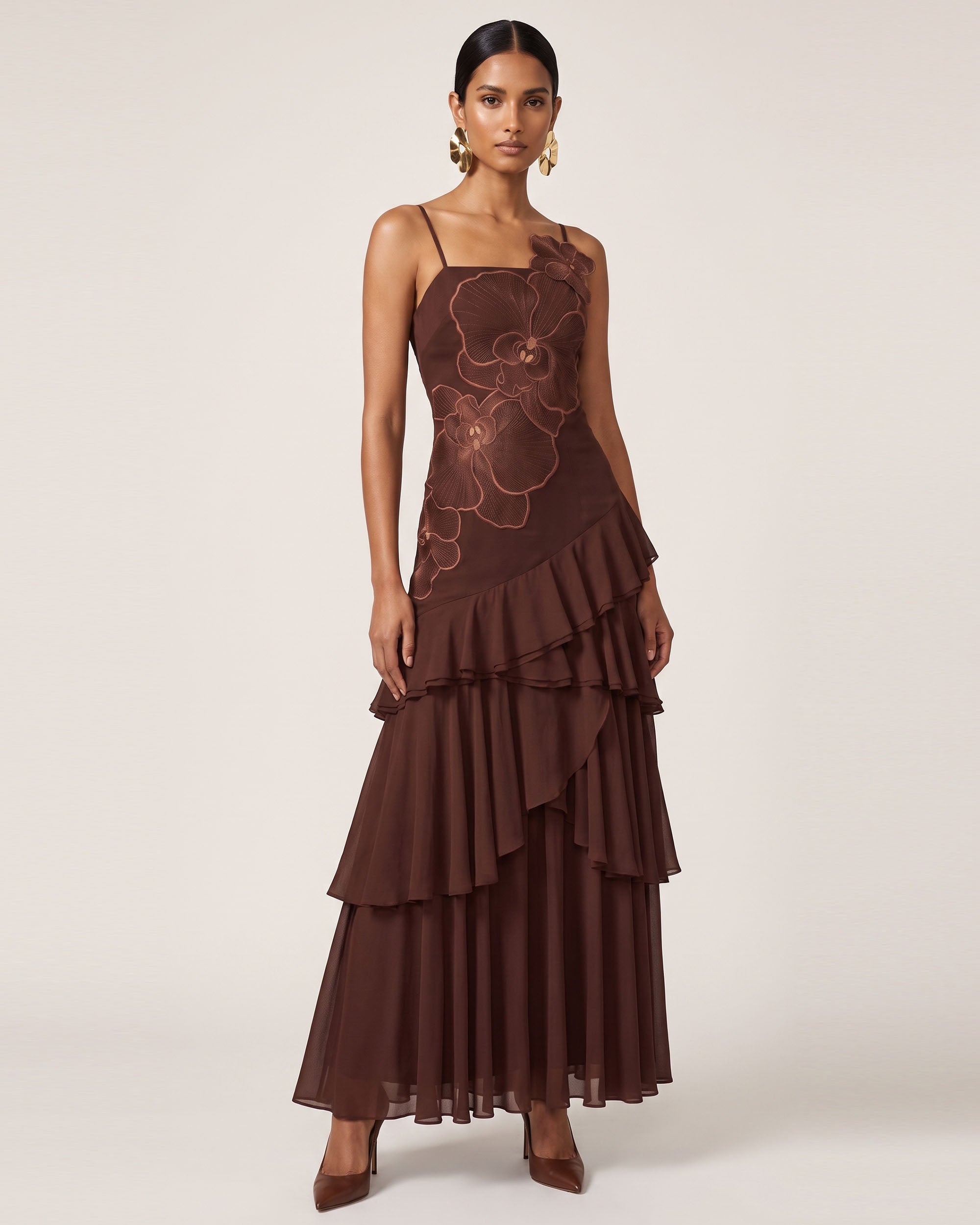 Orchid Embroidered Ruffled One-Shoulder Maxi Dress - Dark Brown