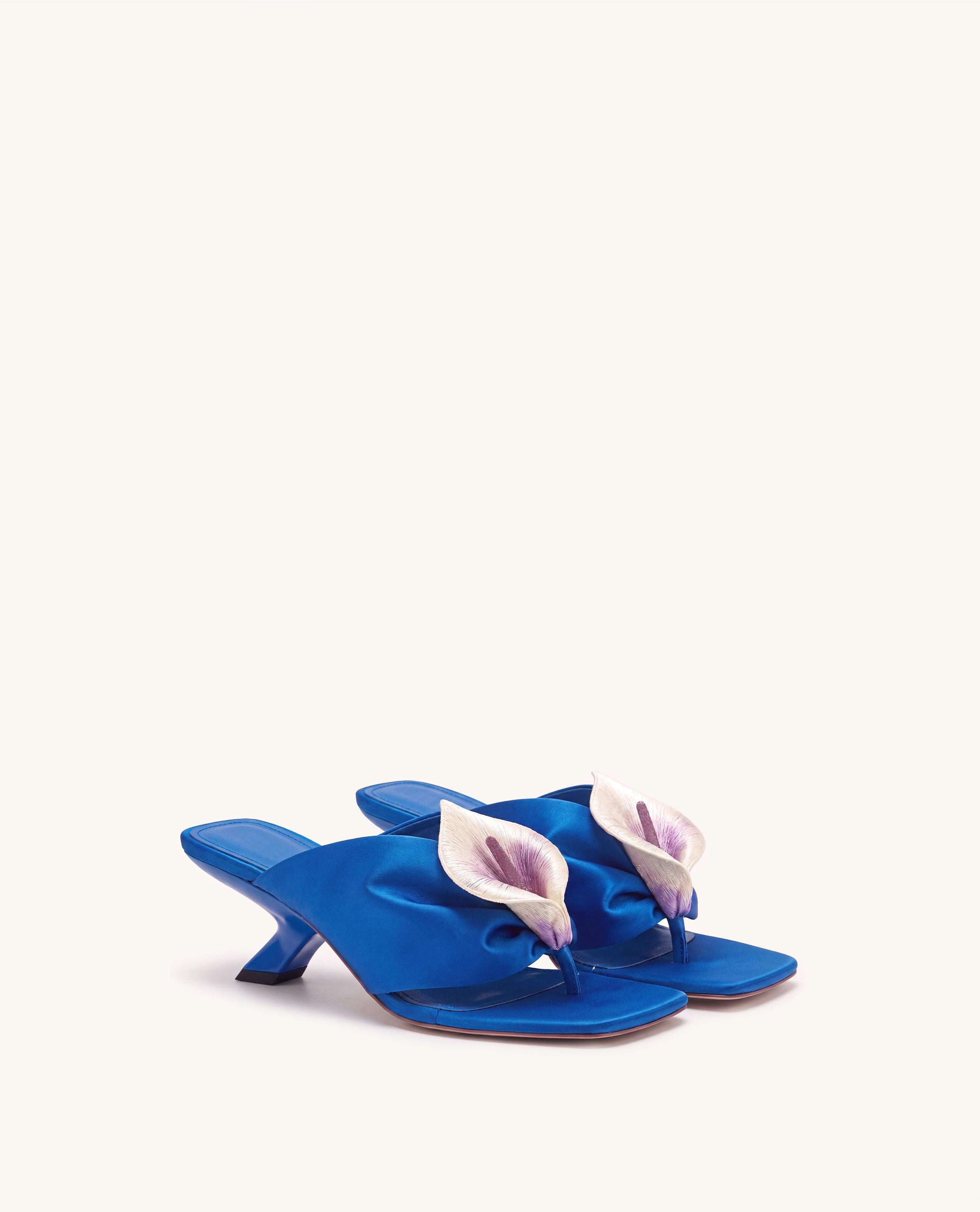 Bianca Calla Lily Ruched Toe-Post Heeled Sandals - Cobalt Blue