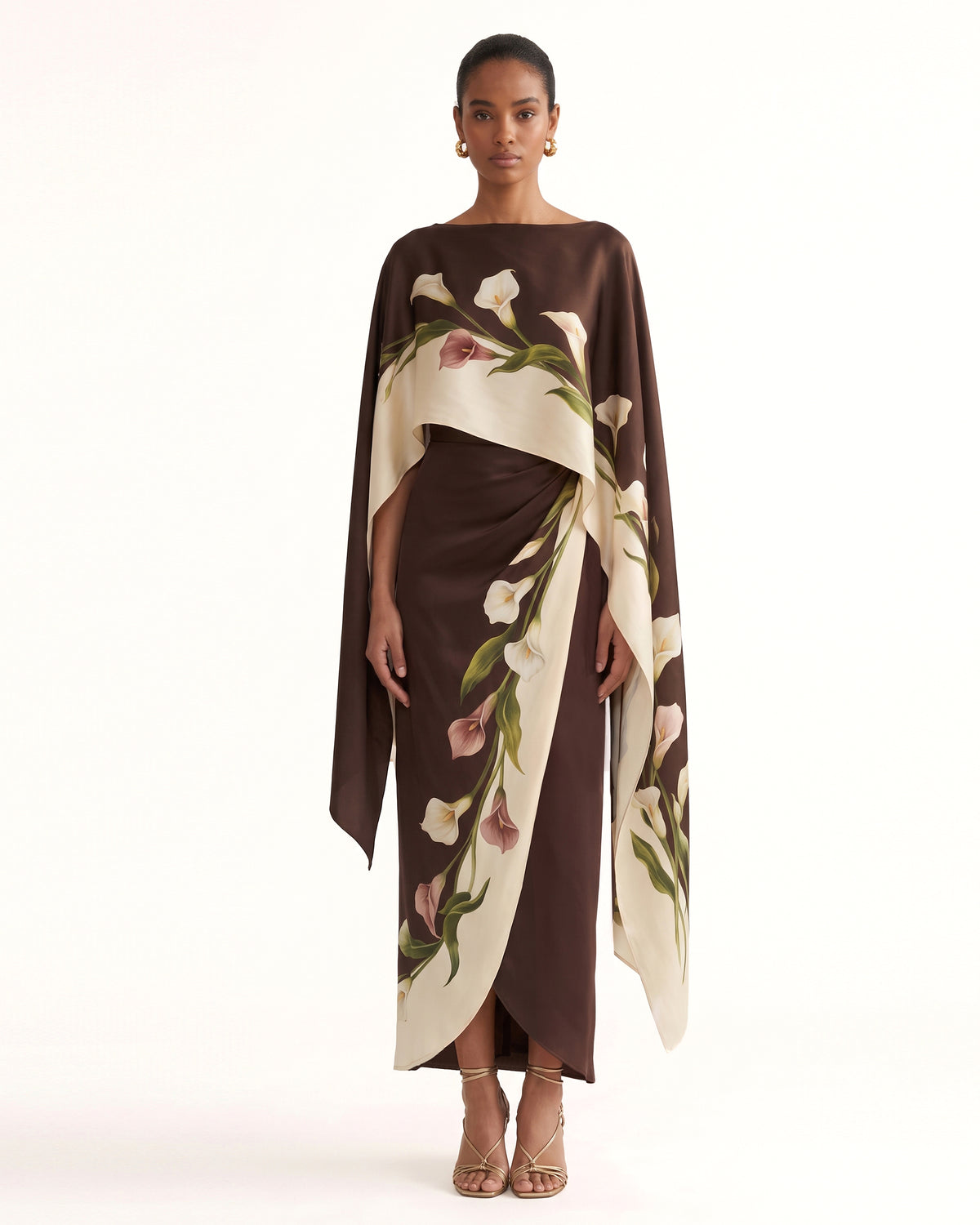 Calla Lily Printed Asymmetric Cape Satin Maxi Dress - Brown