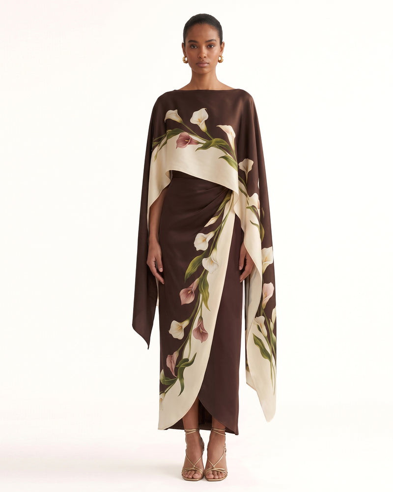 Calla Lily Printed Asymmetric Cape Satin Maxi Dress - Brown