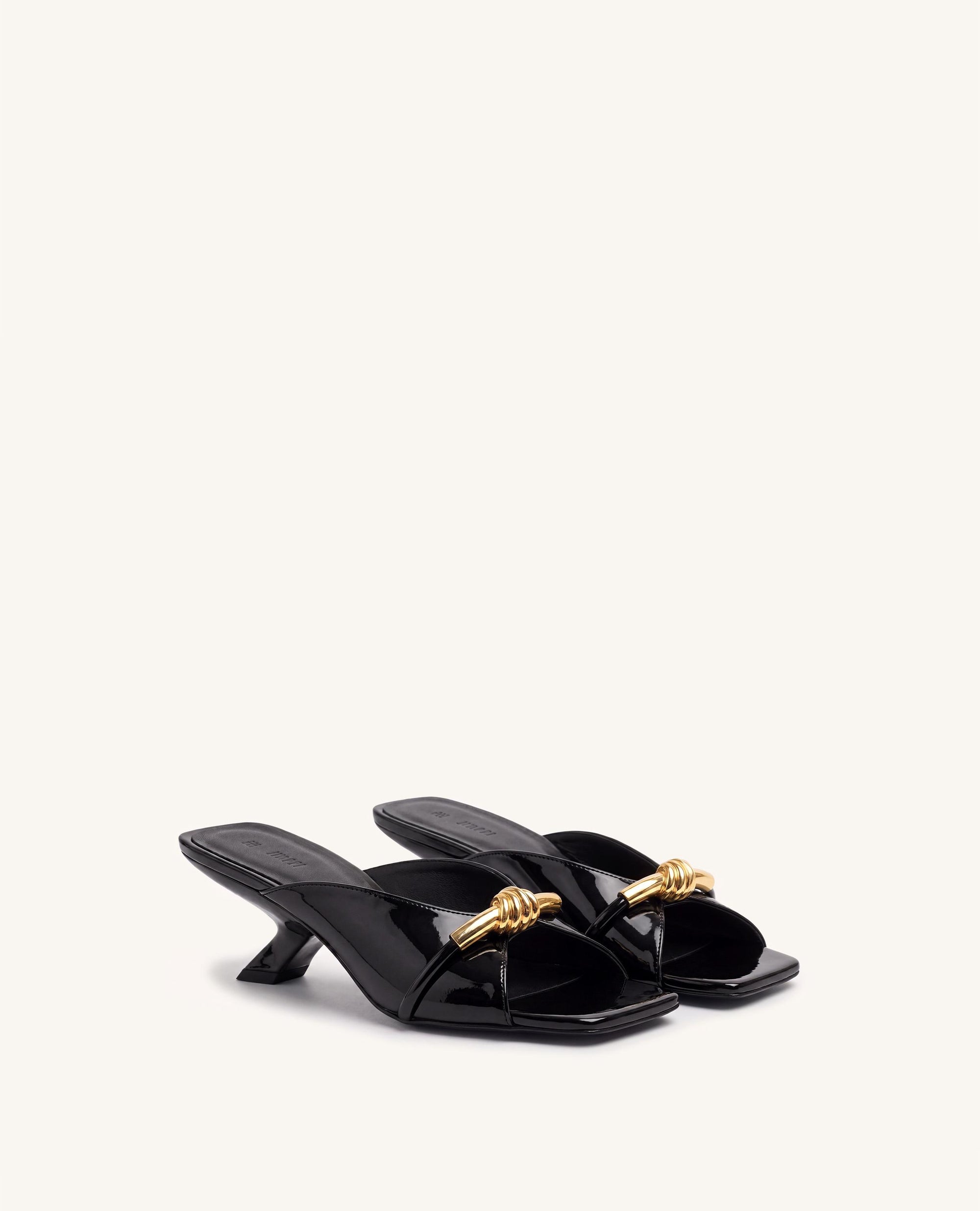 Lena Metal Rope Knot Patent Cross-Strap Heeled Sandals - Black