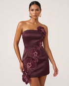 Orchid Embroidered Floral Appliqué Strapless Mini Dress - Burgundy