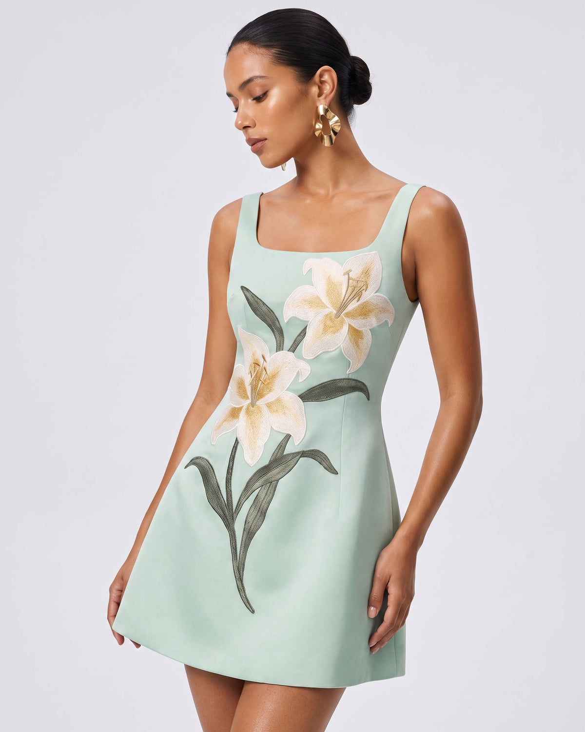 floral a line mini dress Lily Print Sleeveless A-Line - Mint Green summer sale line skirt is perfect Halter A-Line Gown with Size:UK28