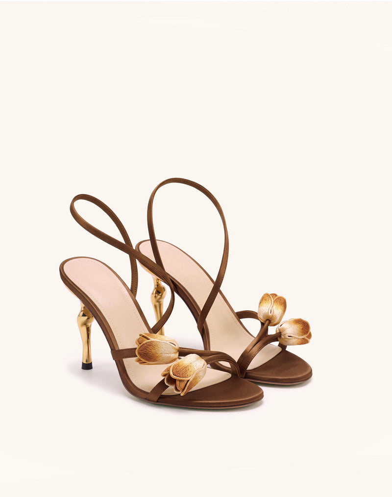 Amara Tulip Embroidered Wraparound Heels - Brown
