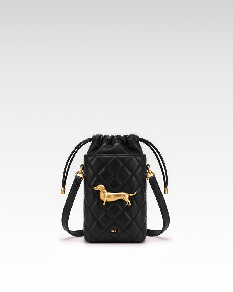 Maeve Quilted Dachshund Metal Emblem Phone Bag - Black