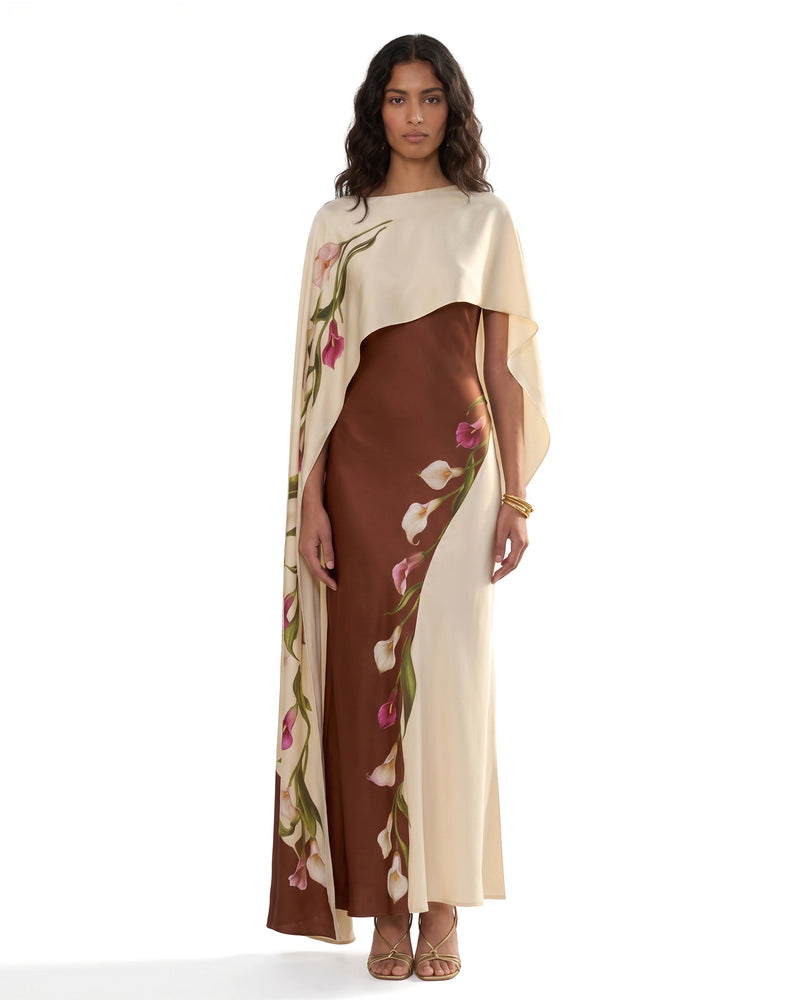Calla Lily Printed Two-Tone Cape Satin Maxi Dress - Beige Brown