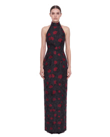 Floral Jacquard Halter Open-Back Maxi Dress - Black & Red