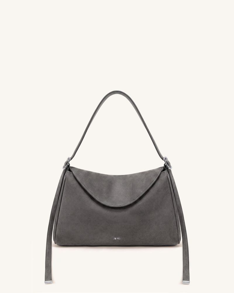 Elowen Faux Suede Flap Shoulder Bag - Charcoal Gray