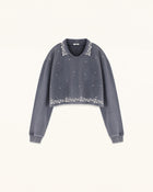 Gradient Pearl Trim Cropped Sweatshirt - Washed Slate