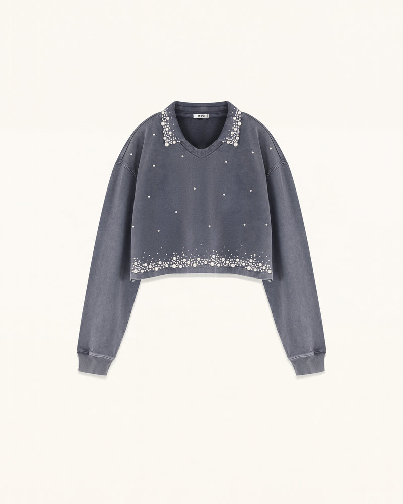 Gradient Pearl Trim Cropped Sweatshirt - Washed Slate