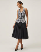 Floral Embroidered Fit-and-Flare Midi Dress - Black
