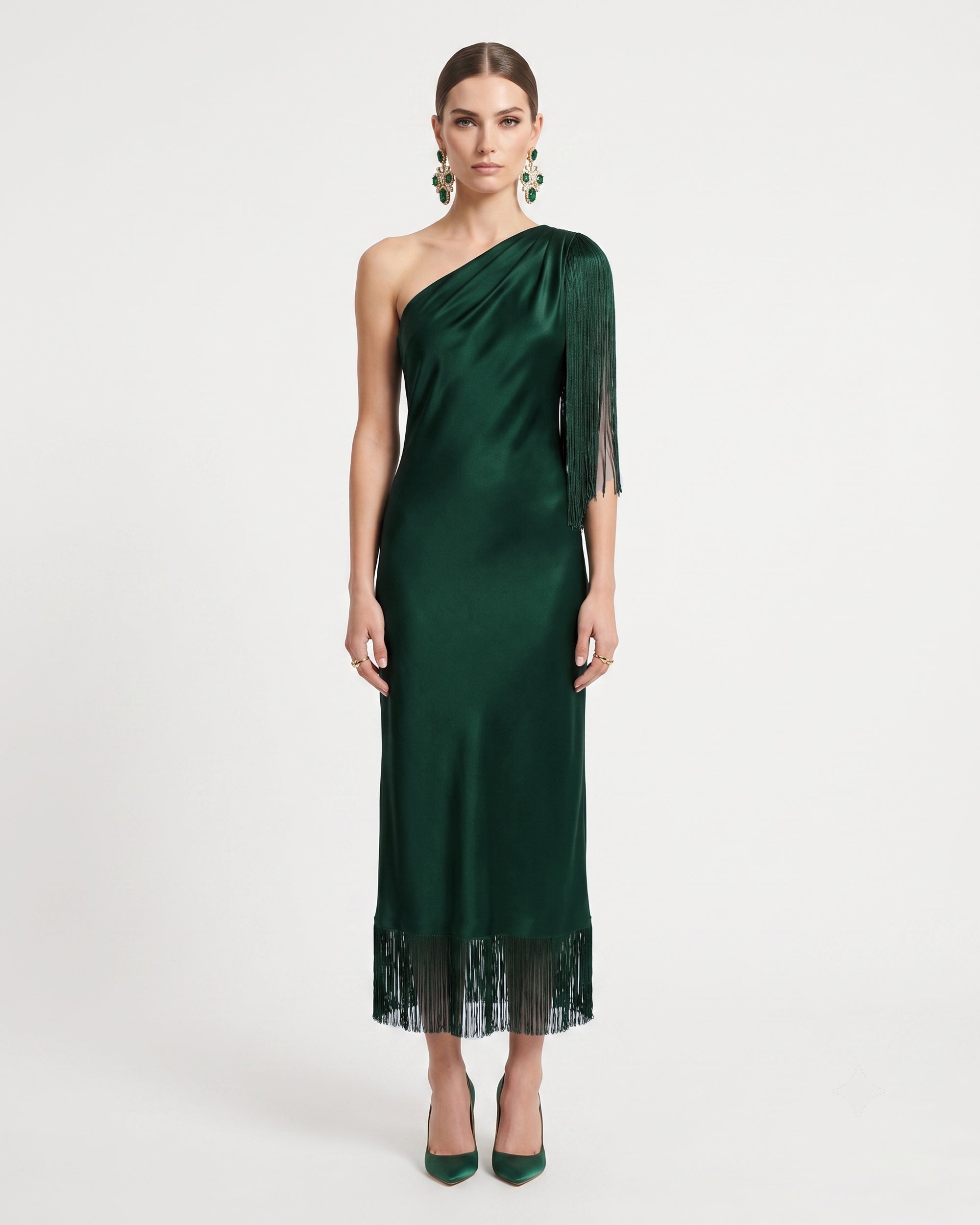 emerald green midi dresses silk satin slip dress open back lace-up perfect holiday look Coming Back For You Emerald