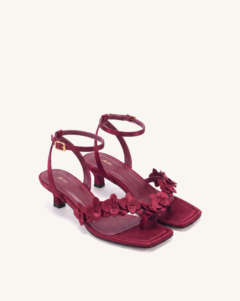 Elodie Orchid Appliqué Ankle-Strap Sandals - Burgundy