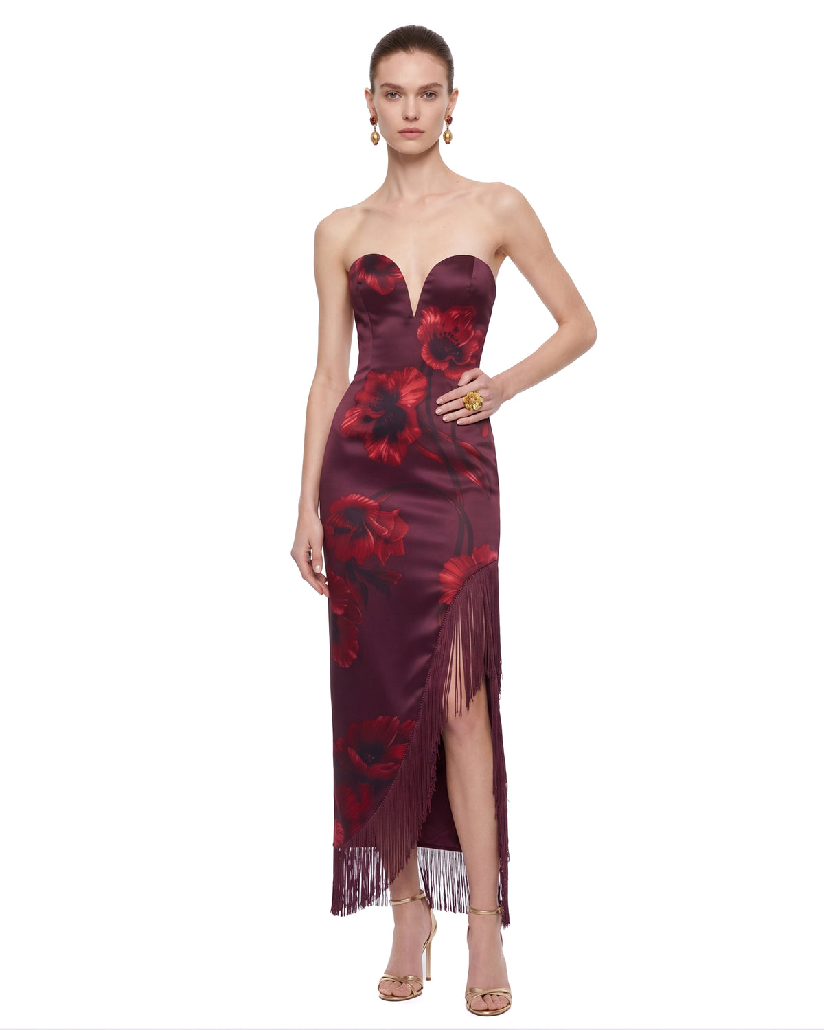 Floral Print Strapless Fringe Slit Maxi Dress - Burgundy