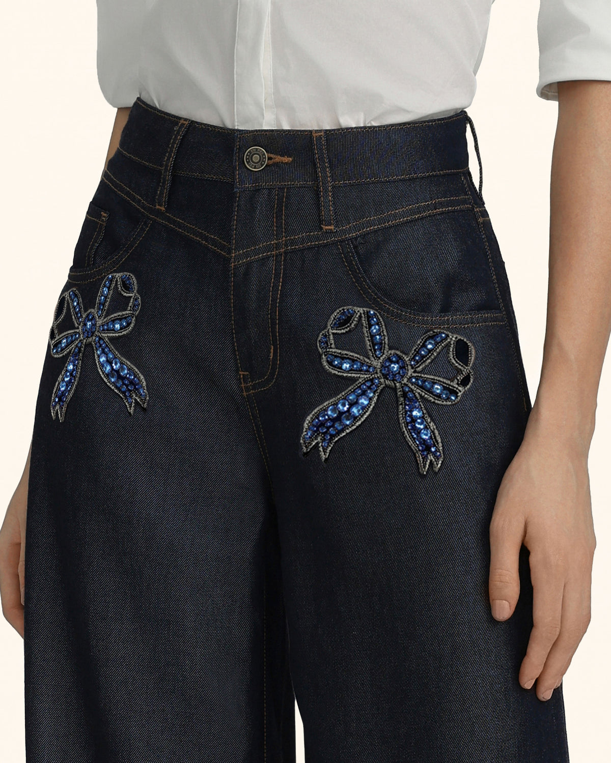 Pocket Rhinestone Bow Wide Leg Jeans - Deep Thoughts Only