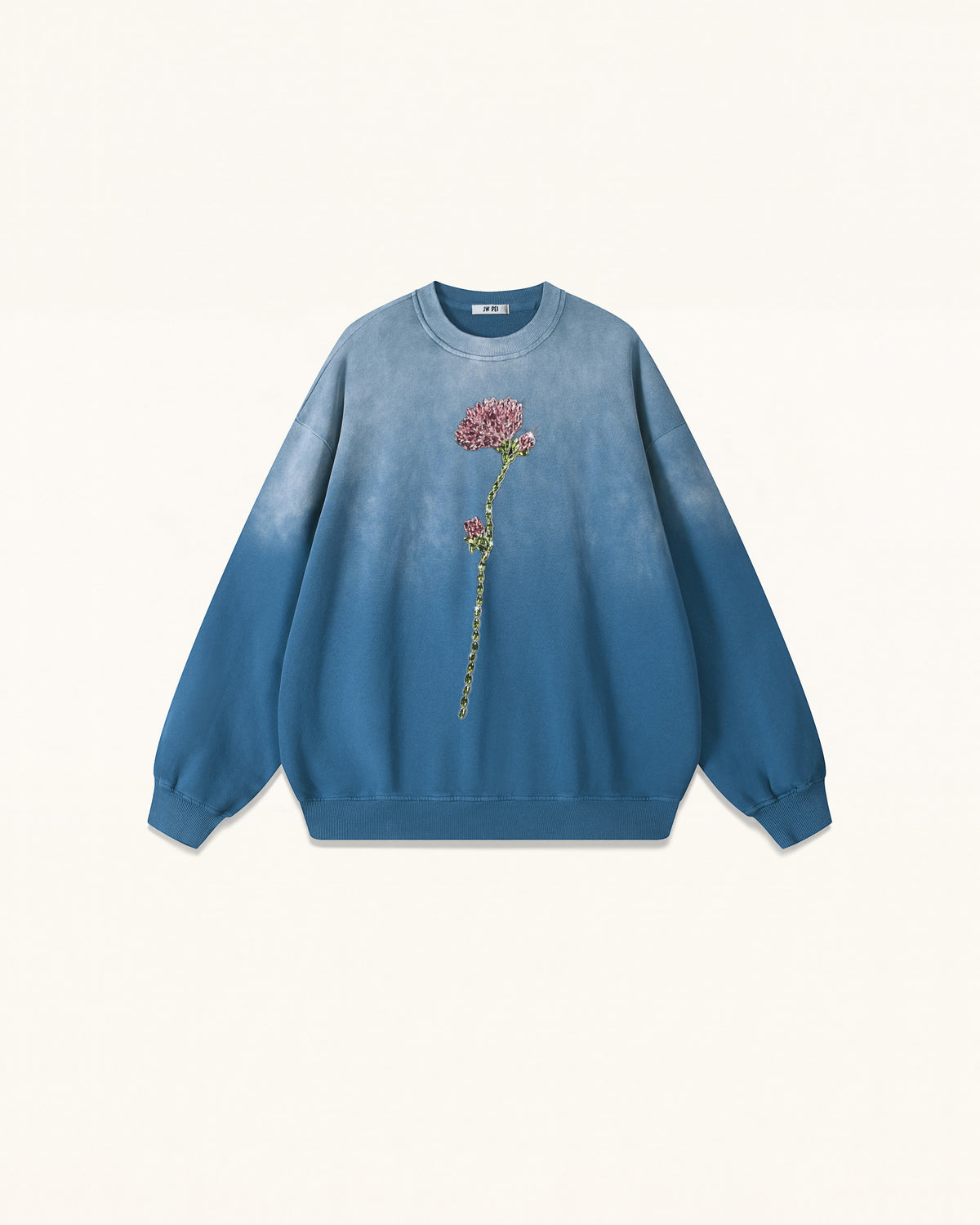 Rhinestone Rose Gradient Wash Oversized Longline Sweatshirt - Ocean Blue