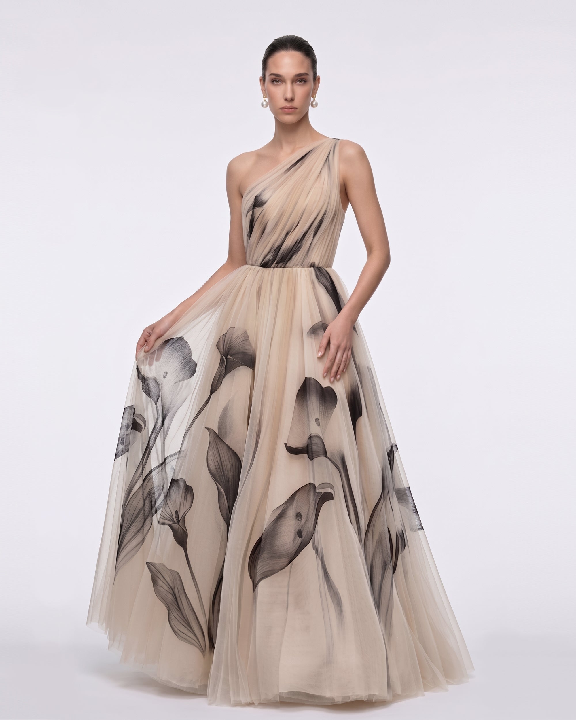 Calla Lily One-Shoulder Tulle Ball Gown - Beige