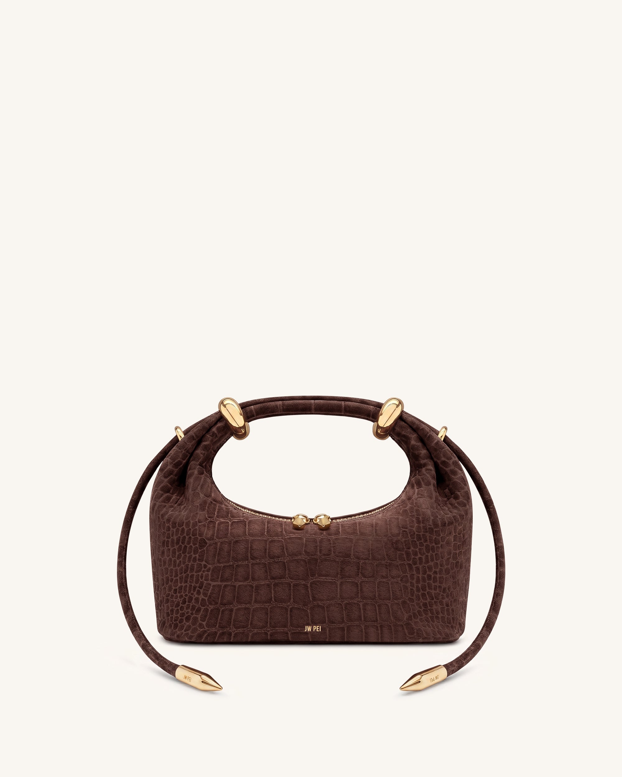 Ellie Faux Suede Metal Ring Embellished Top Handle Bag - Chocolate Brown Croc