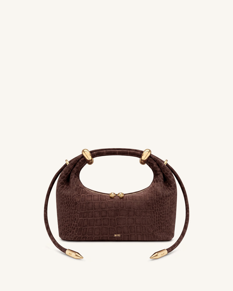 Ellie Faux Suede Metal Ring Embellished Top Handle Bag - Chocolate Brown Croc