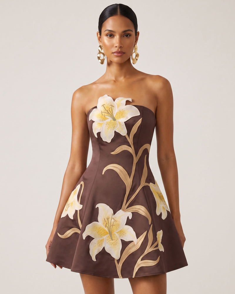 Lily Floral Print Strapless A-Line Mini Dress - Brown
