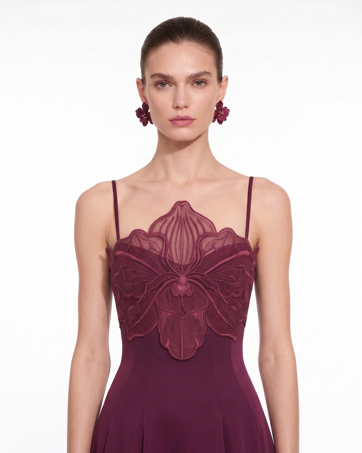 3D Floral Strappy A-Line Maxi Dress - Burgundy
