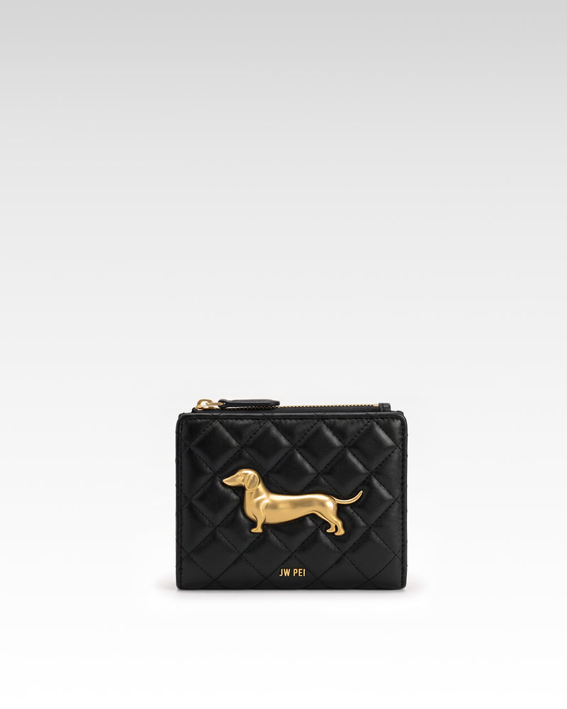 Maeve Quilted Dachshund Metal Emblem Double Compartment Wallet - Black