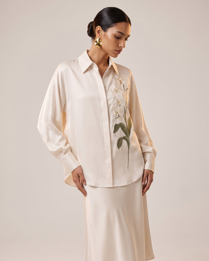 Satin Long-Sleeve Shirt with Orchid Embroidery - Ivory White