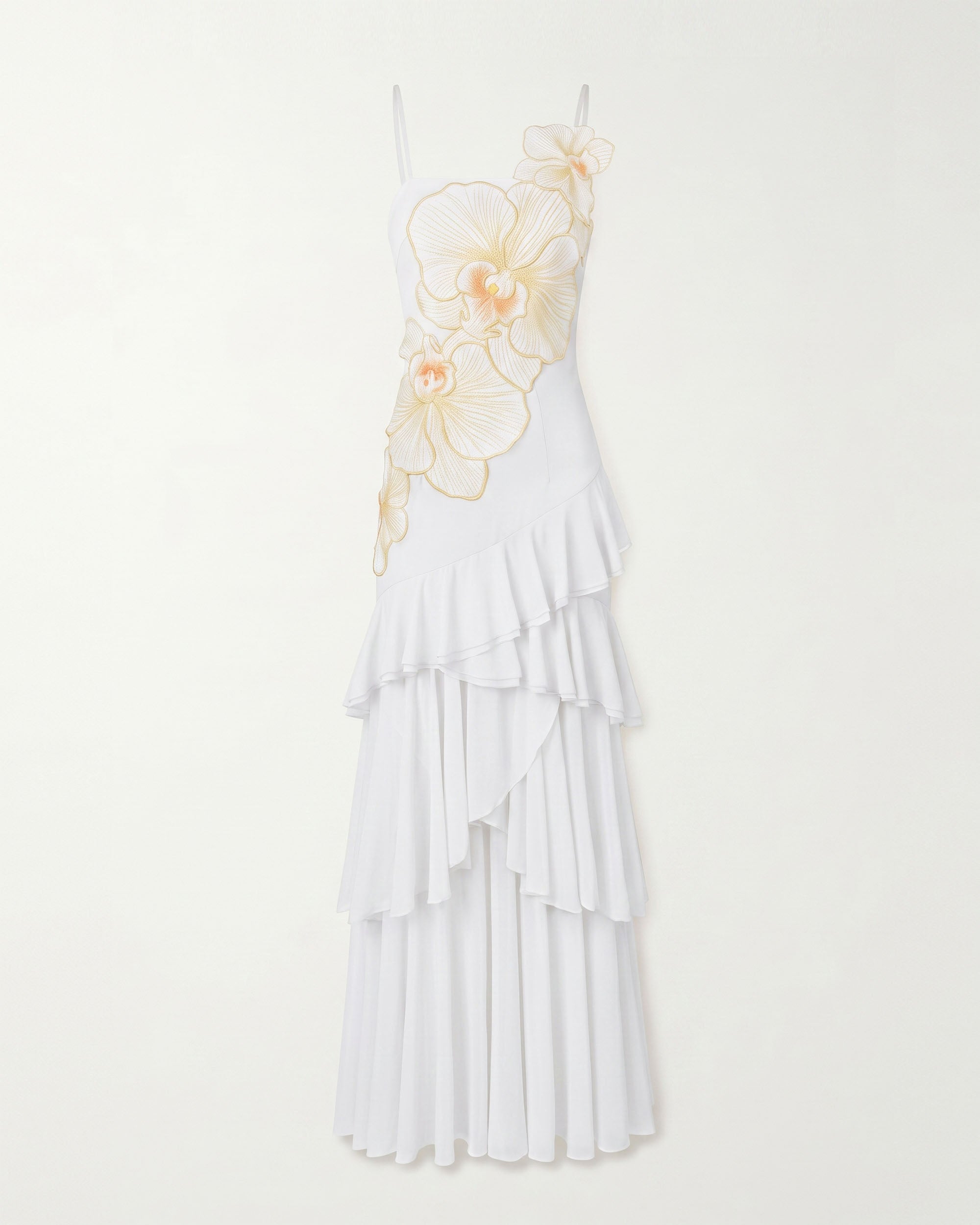 Orchid Embroidered Ruffled One-Shoulder Maxi Dress - Ivory