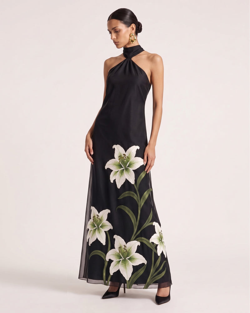 Lily Embroidered Ruched Halter Maxi Dress - Black
