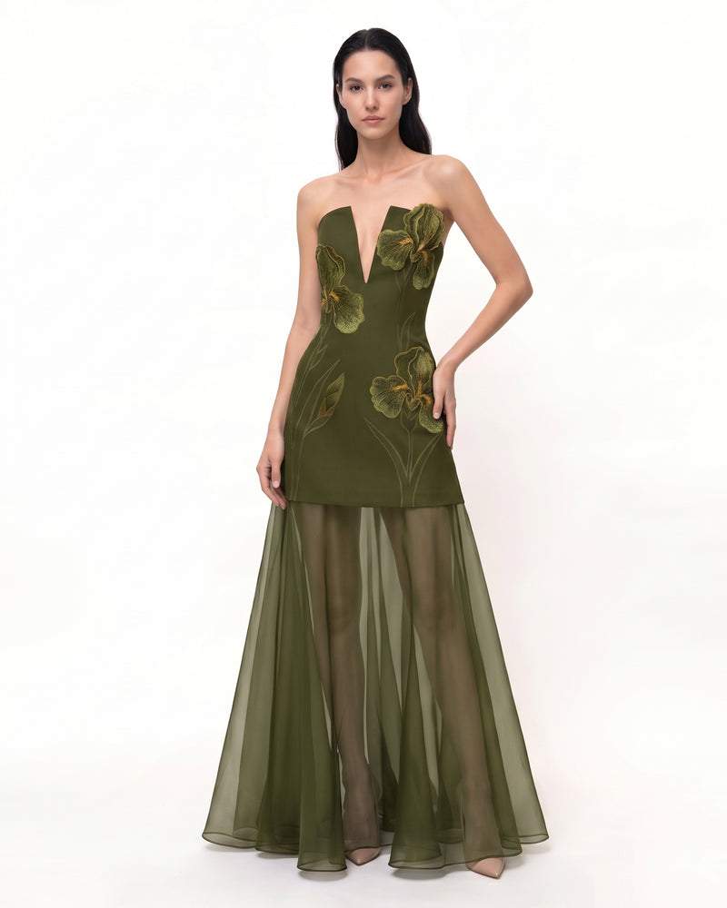 ris Embroidered Plunge Sheer Overlay Maxi Dress - Deep Emerald