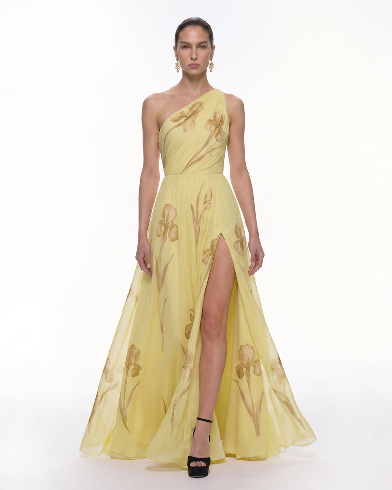 Floral One Shoulder Maxi Dress - Pale Yellow