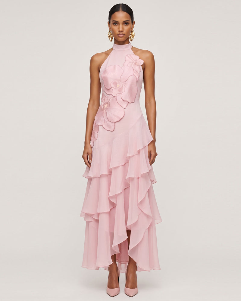 Orchid Embroidered Halter Asymmetric Layered Maxi Dress - Pink