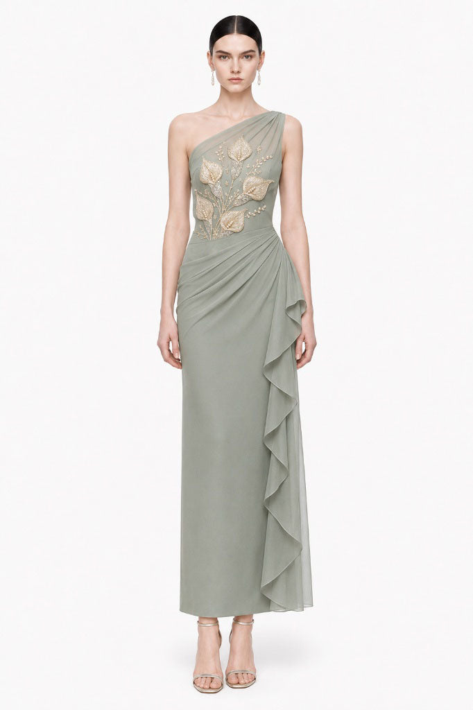 Botanical Embellished Ruched One-Shoulder Maxi Dress - Sage Green