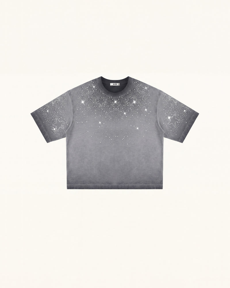 Cosmic Starburst Rhinestone Tee - Washed Grey
